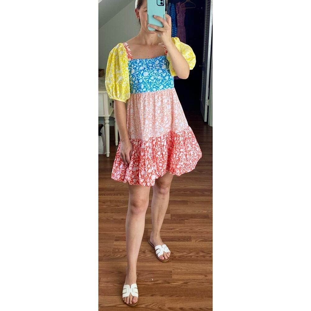 Oliphant Tuckernuck Canary Multi Bubble Skirt Mini Cotton Dress Puff Sleeves NEW - Picture 7 of 15
